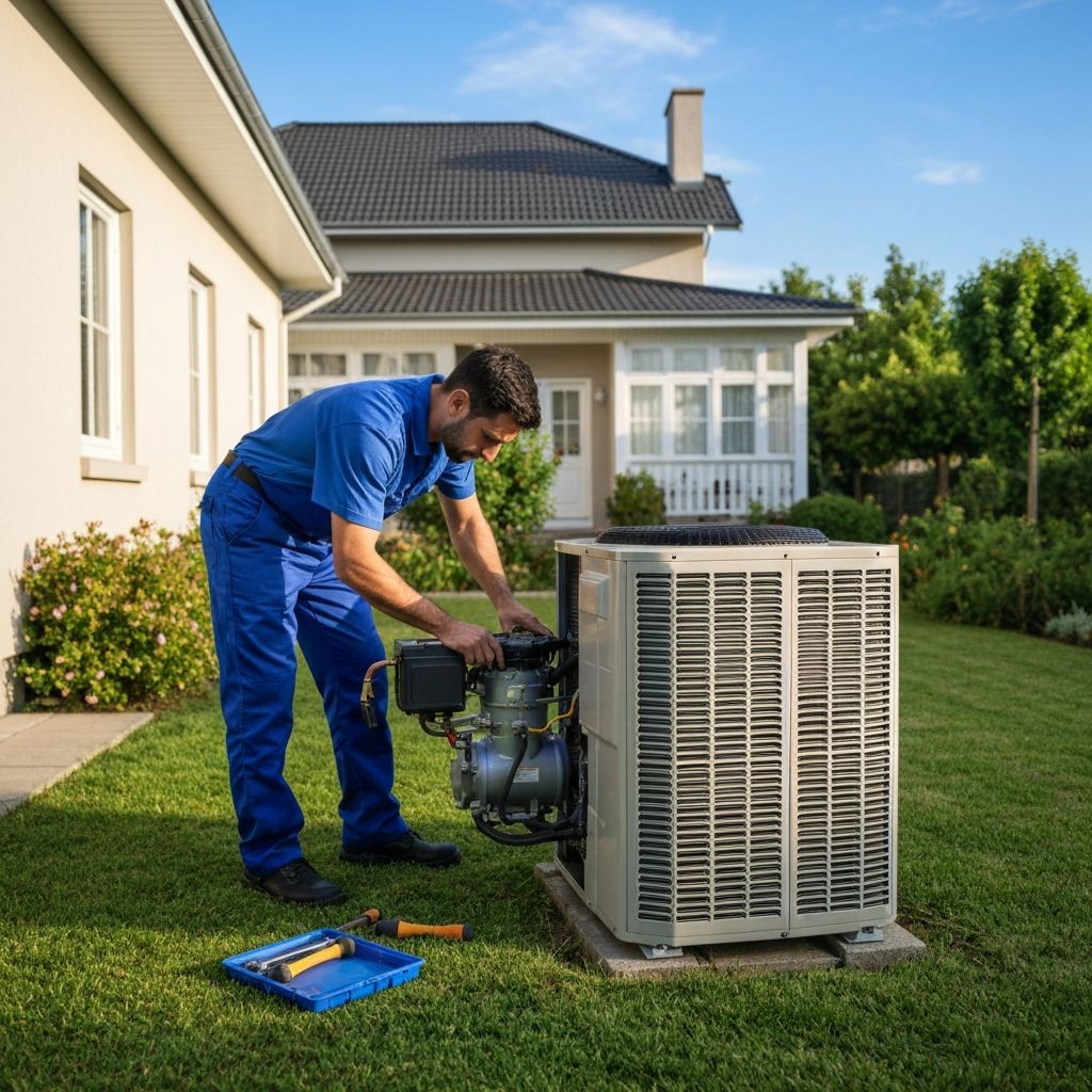 Professional HVAC technician installing AC unit